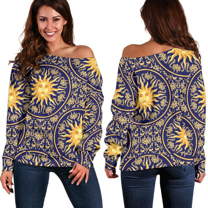 Celestial Gold Sun Face Off Shoulder Sweatshirt