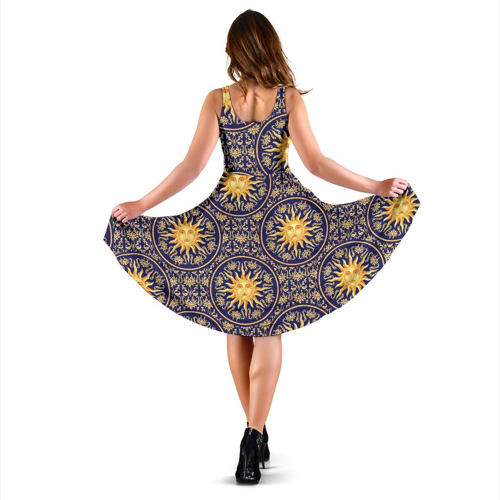 Celestial Gold Sun Face Sleeveless Dress