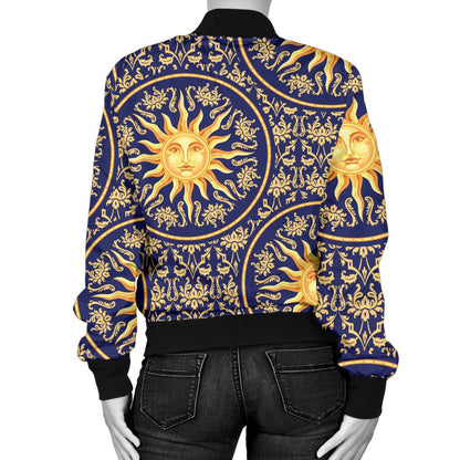 Celestial Gold Sun Face Women Casual Bomber Jacket