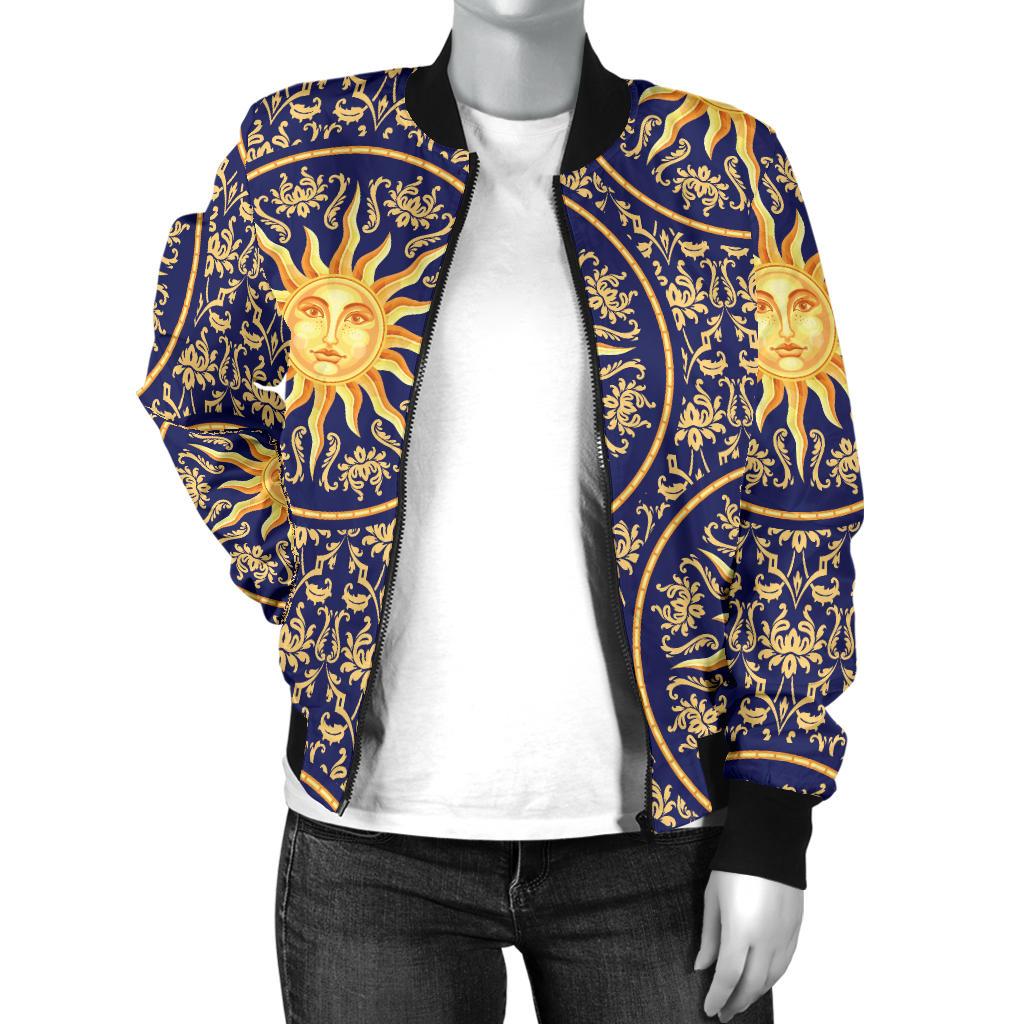 Celestial Gold Sun Face Women Casual Bomber Jacket