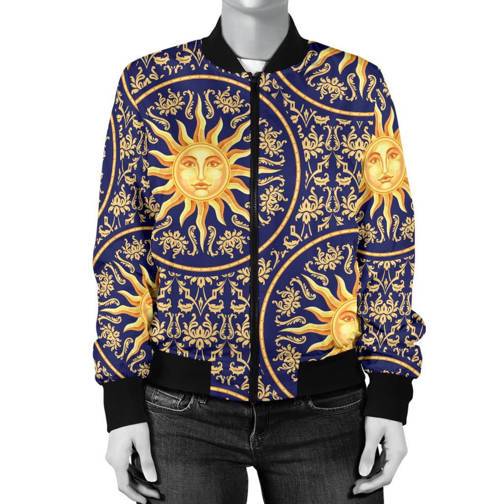 Celestial Gold Sun Face Women Casual Bomber Jacket