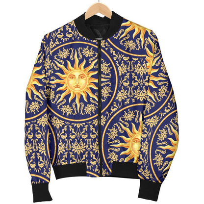 Celestial Gold Sun Face Women Casual Bomber Jacket