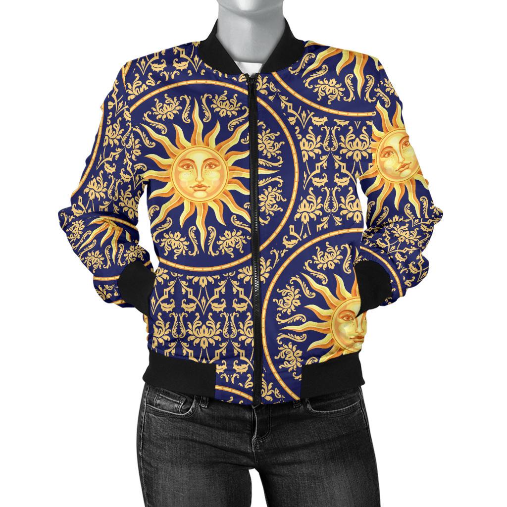 Celestial Gold Sun Face Women Casual Bomber Jacket