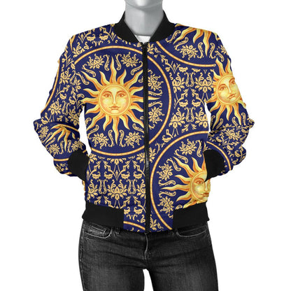 Celestial Gold Sun Face Women Casual Bomber Jacket