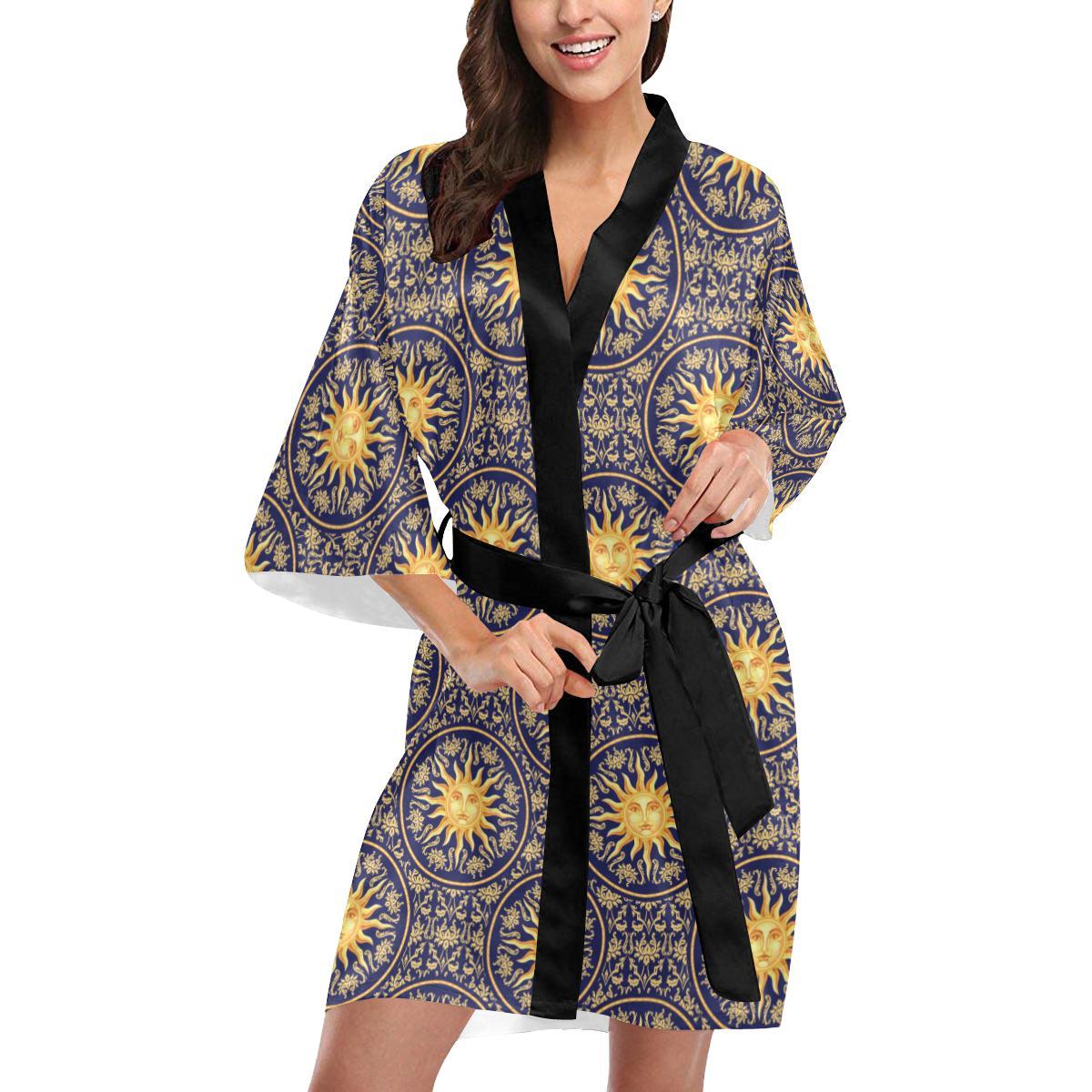Celestial Gold Sun Face Women Short Kimono Robe