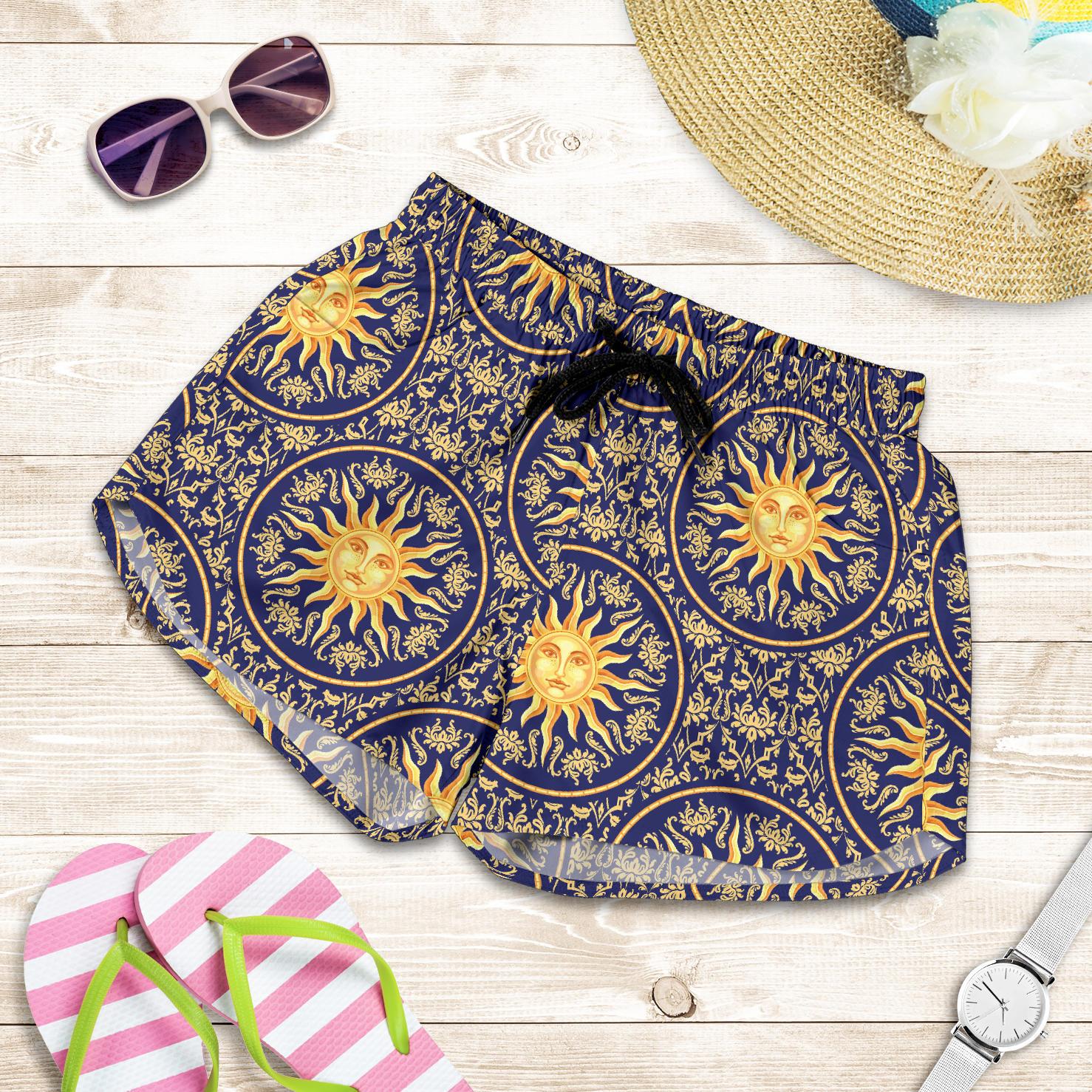 Celestial Gold Sun Face Women Shorts-JTAMIGO.COM