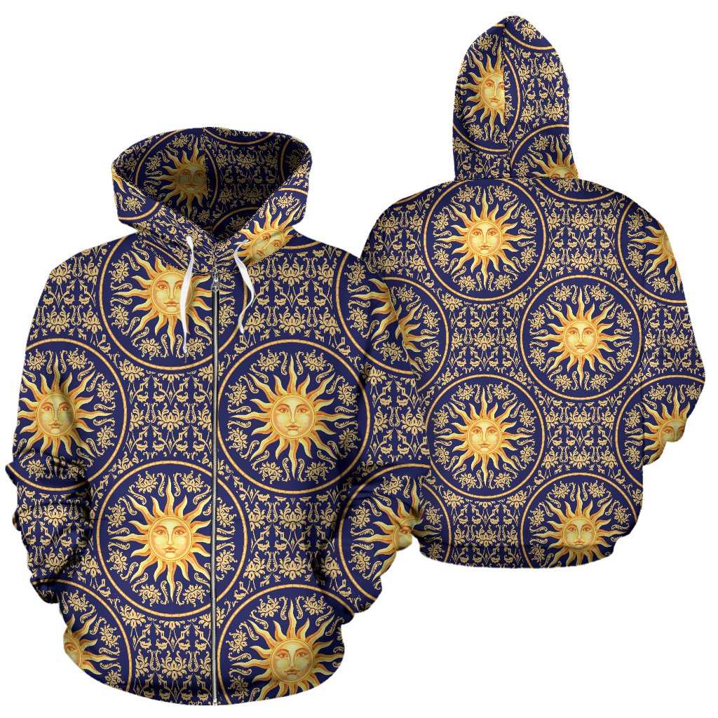 Celestial Gold Sun Face Zip Up Hoodie