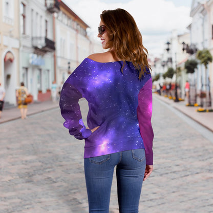 Celestial Purple Blue Galaxy Off Shoulder Sweatshirt