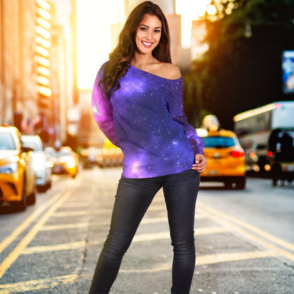 Celestial Purple Blue Galaxy Off Shoulder Sweatshirt