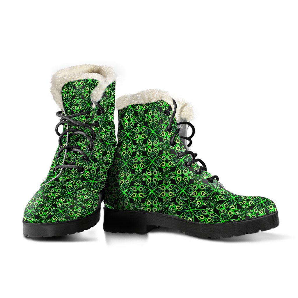 Celtic Green Neon Design Faux Fur Leather Boots-JTAMIGO.COM