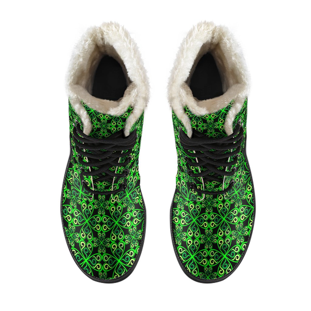 Celtic Green Neon Design Faux Fur Leather Boots-JTAMIGO.COM