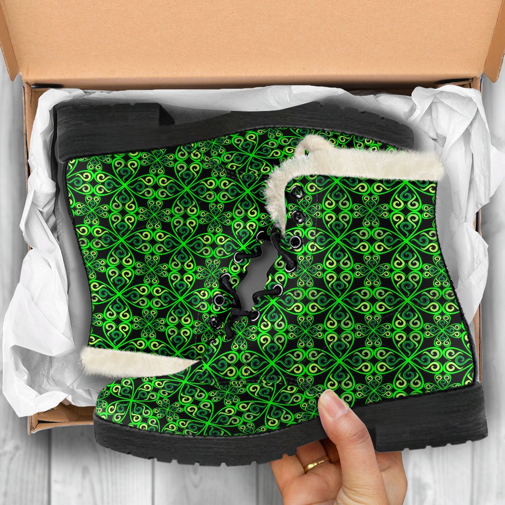 Celtic Green Neon Design Faux Fur Leather Boots-JTAMIGO.COM