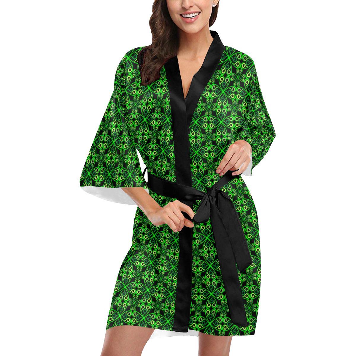 Celtic Green Neon Design Women Short Kimono Robe
