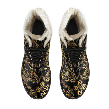 Celtic Knot Gold Design Faux Fur Leather Boots-JTAMIGO.COM