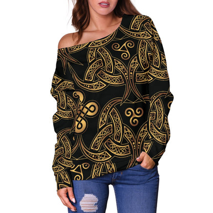 Celtic Knot Gold Design Off Shoulder Sweatshirt