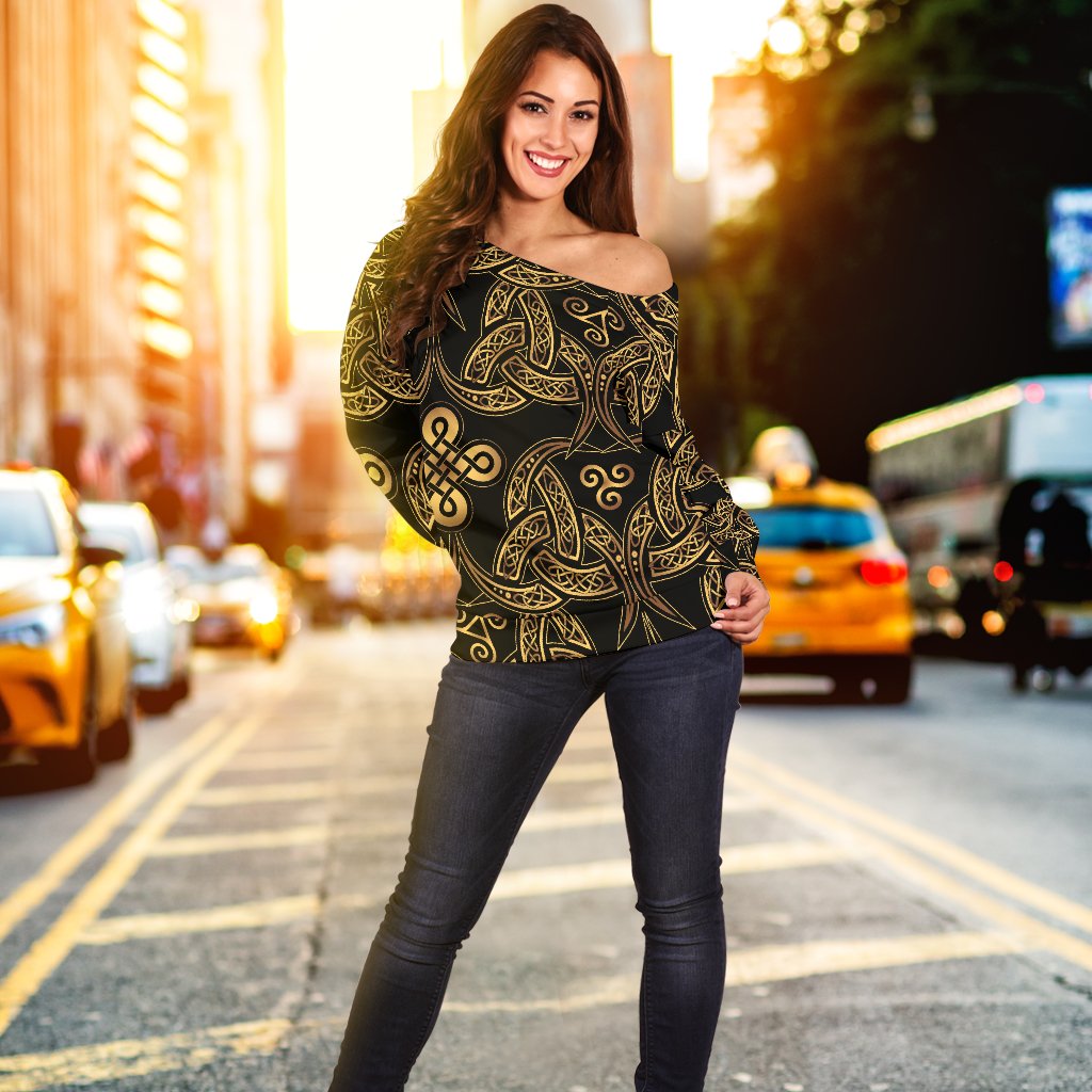 Celtic Knot Gold Design Off Shoulder Sweatshirt