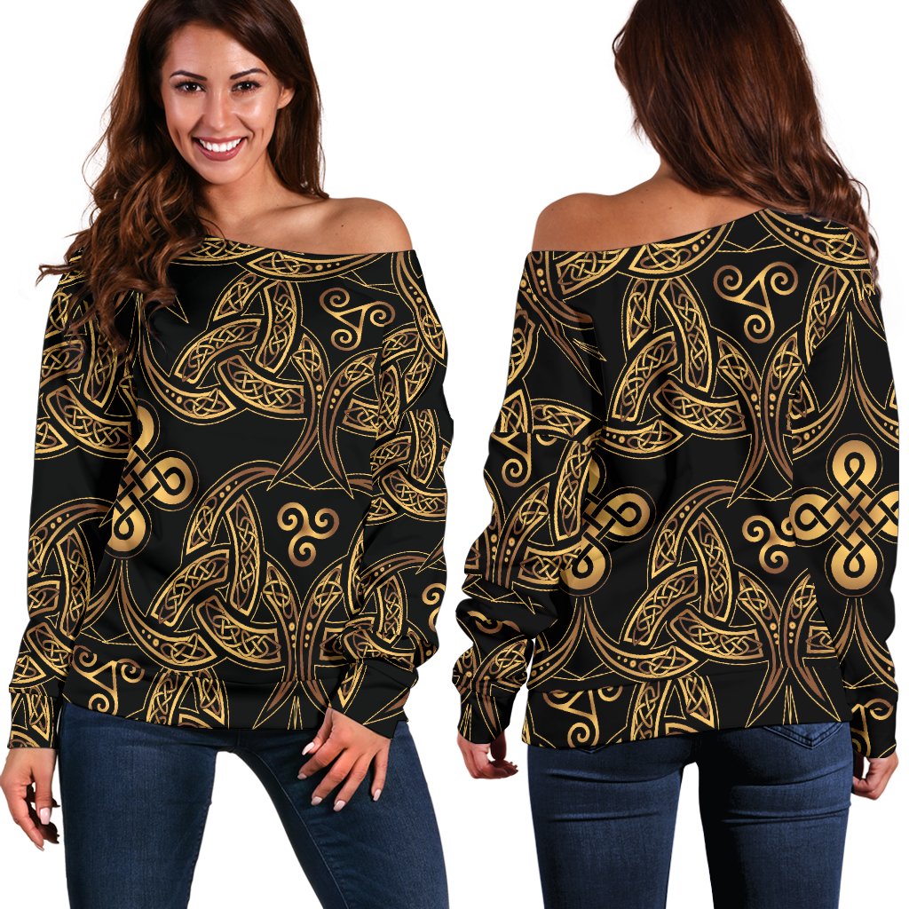 Celtic Knot Gold Design Off Shoulder Sweatshirt