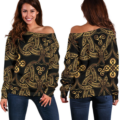 Celtic Knot Gold Design Off Shoulder Sweatshirt