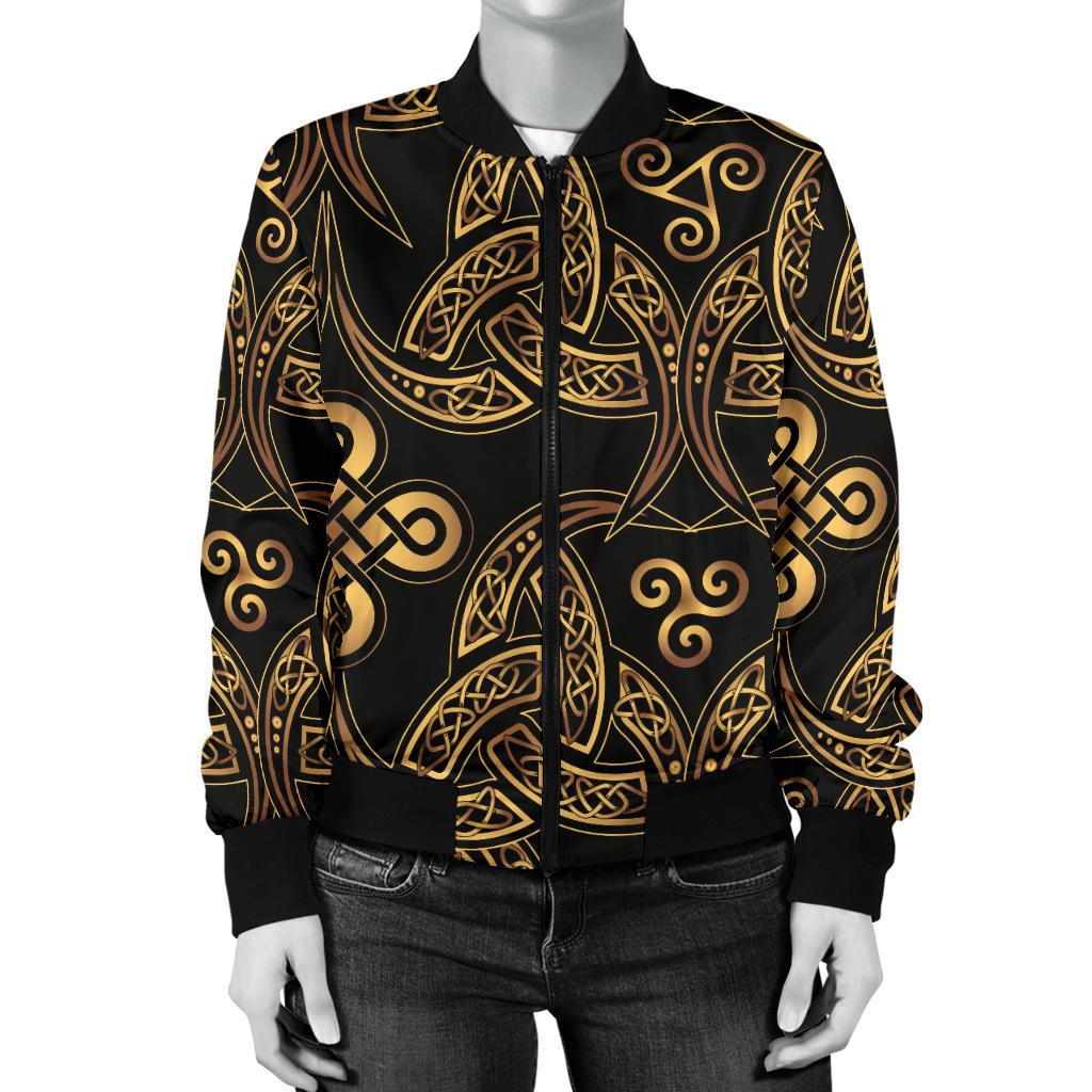Celtic Knot Gold Design Women Casual Bomber Jacket