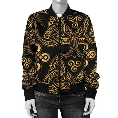 Celtic Knot Gold Design Women Casual Bomber Jacket
