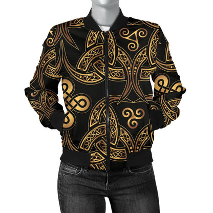 Celtic Knot Gold Design Women Casual Bomber Jacket