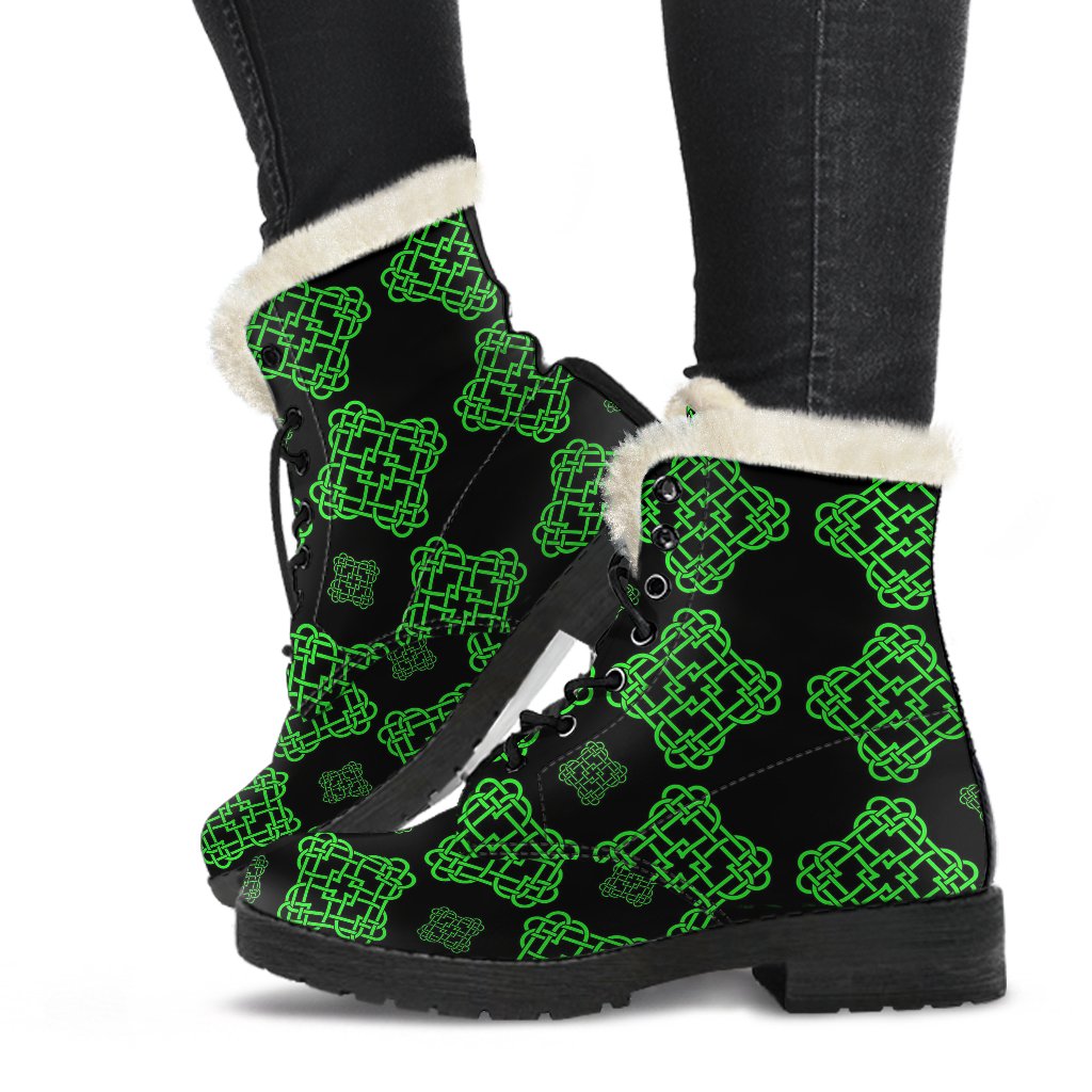 Celtic Knot Green Neon Design Faux Fur Leather Boots-JTAMIGO.COM