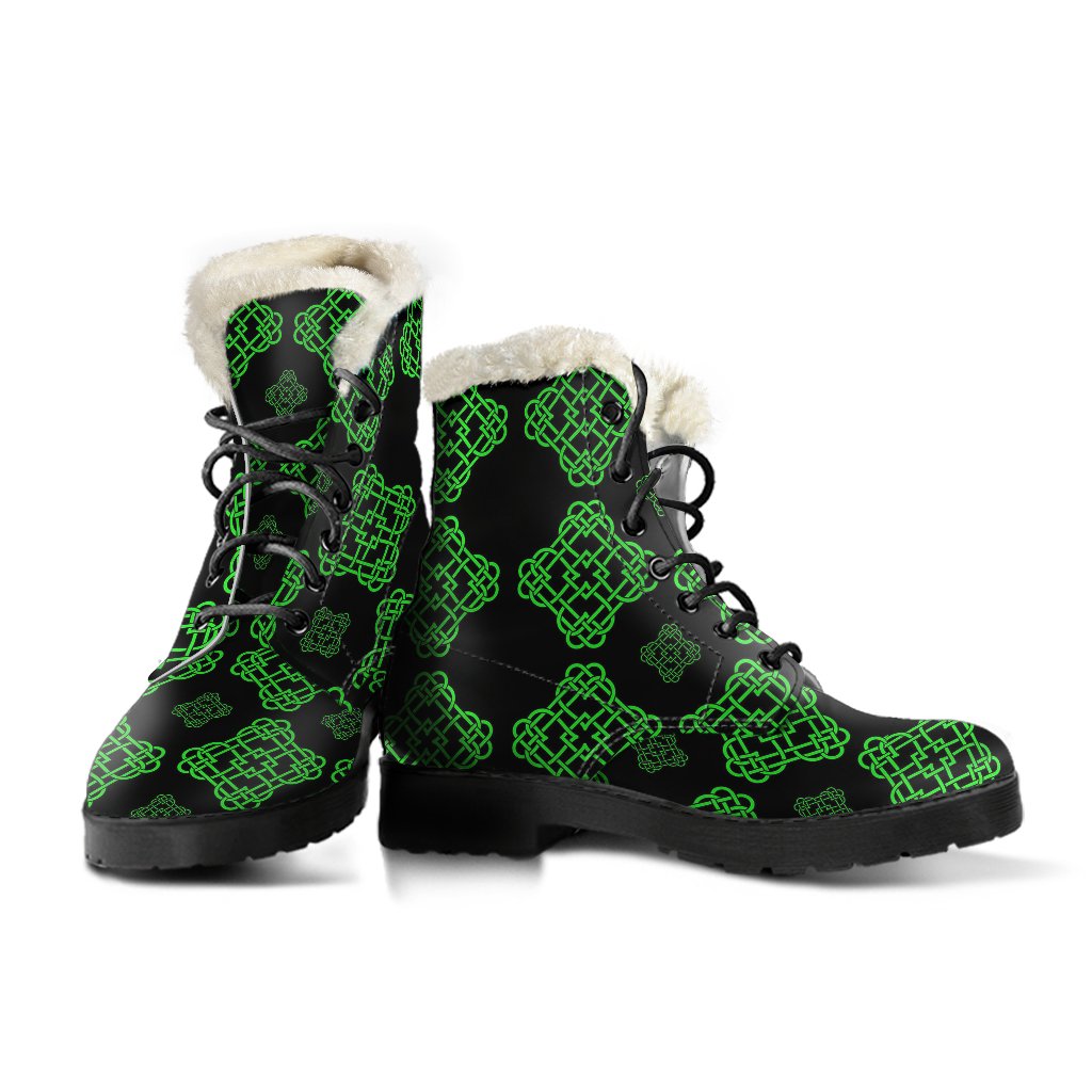 Celtic Knot Green Neon Design Faux Fur Leather Boots-JTAMIGO.COM