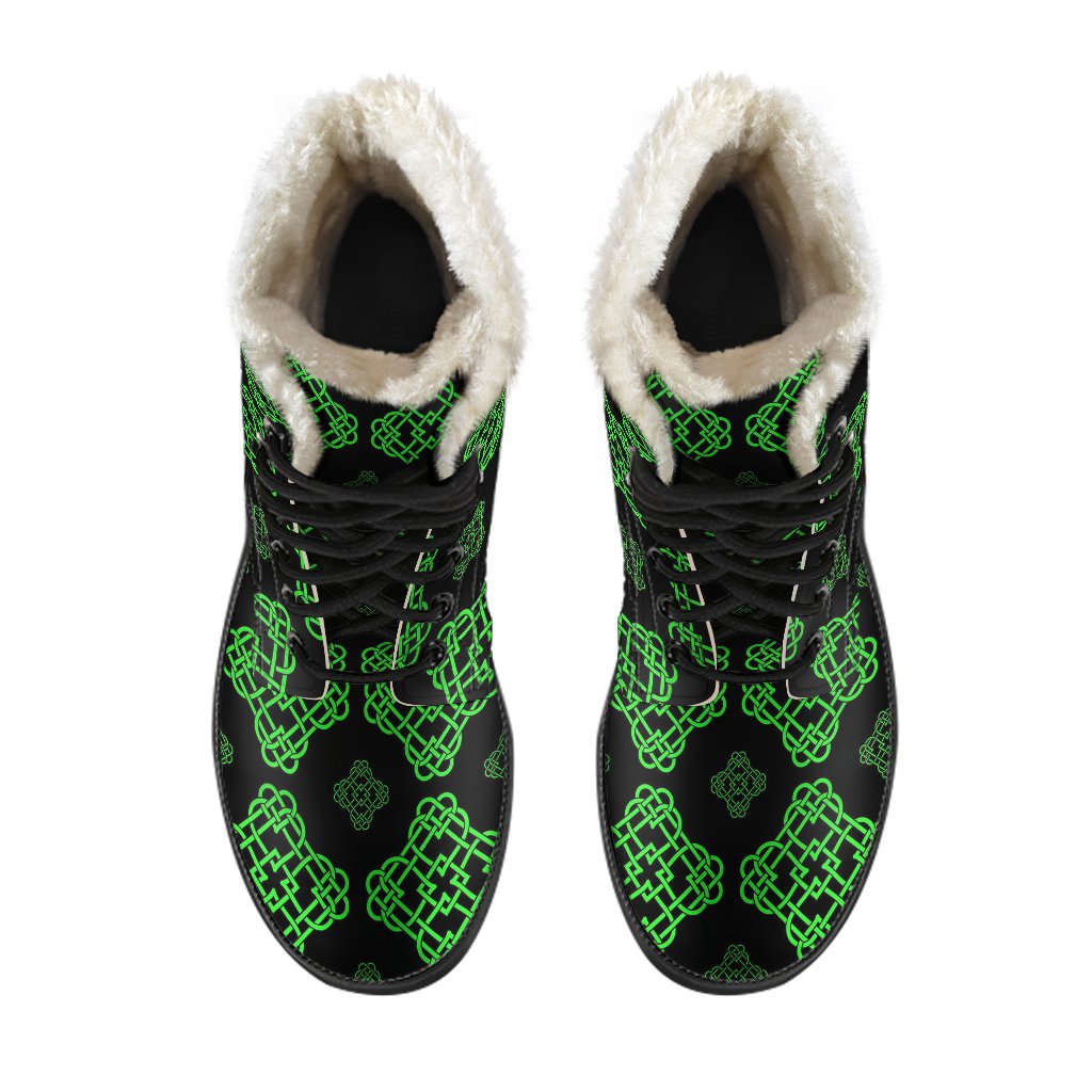 Celtic Knot Green Neon Design Faux Fur Leather Boots-JTAMIGO.COM