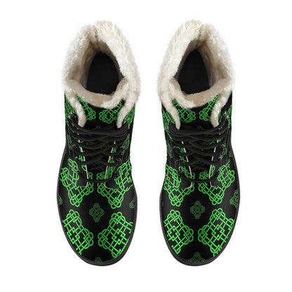 Celtic Knot Green Neon Design Faux Fur Leather Boots-JTAMIGO.COM