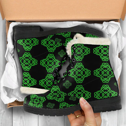 Celtic Knot Green Neon Design Faux Fur Leather Boots-JTAMIGO.COM