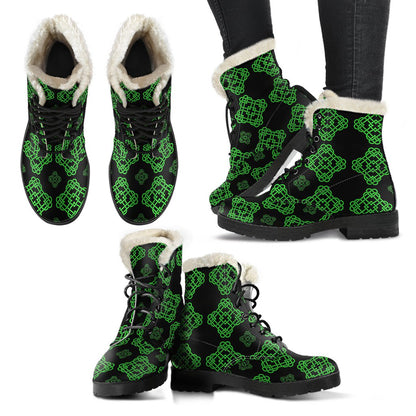 Celtic Knot Green Neon Design Faux Fur Leather Boots-JTAMIGO.COM