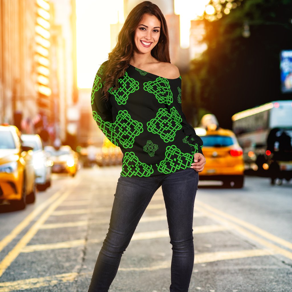 Celtic Knot Green Neon Design Off Shoulder Sweatshirt
