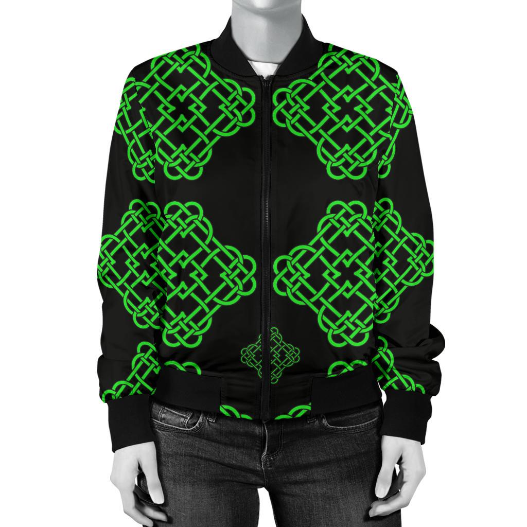 Celtic Knot Green Neon Design Women Casual Bomber Jacket