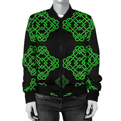 Celtic Knot Green Neon Design Women Casual Bomber Jacket
