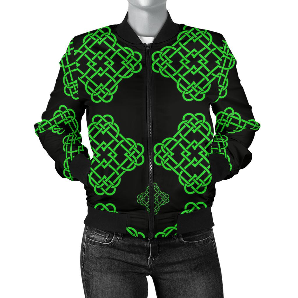 Celtic Knot Green Neon Design Women Casual Bomber Jacket