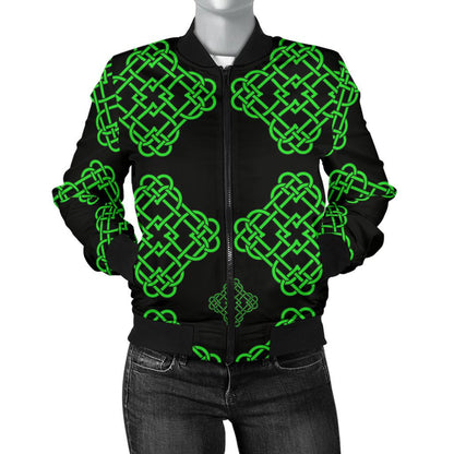 Celtic Knot Green Neon Design Women Casual Bomber Jacket