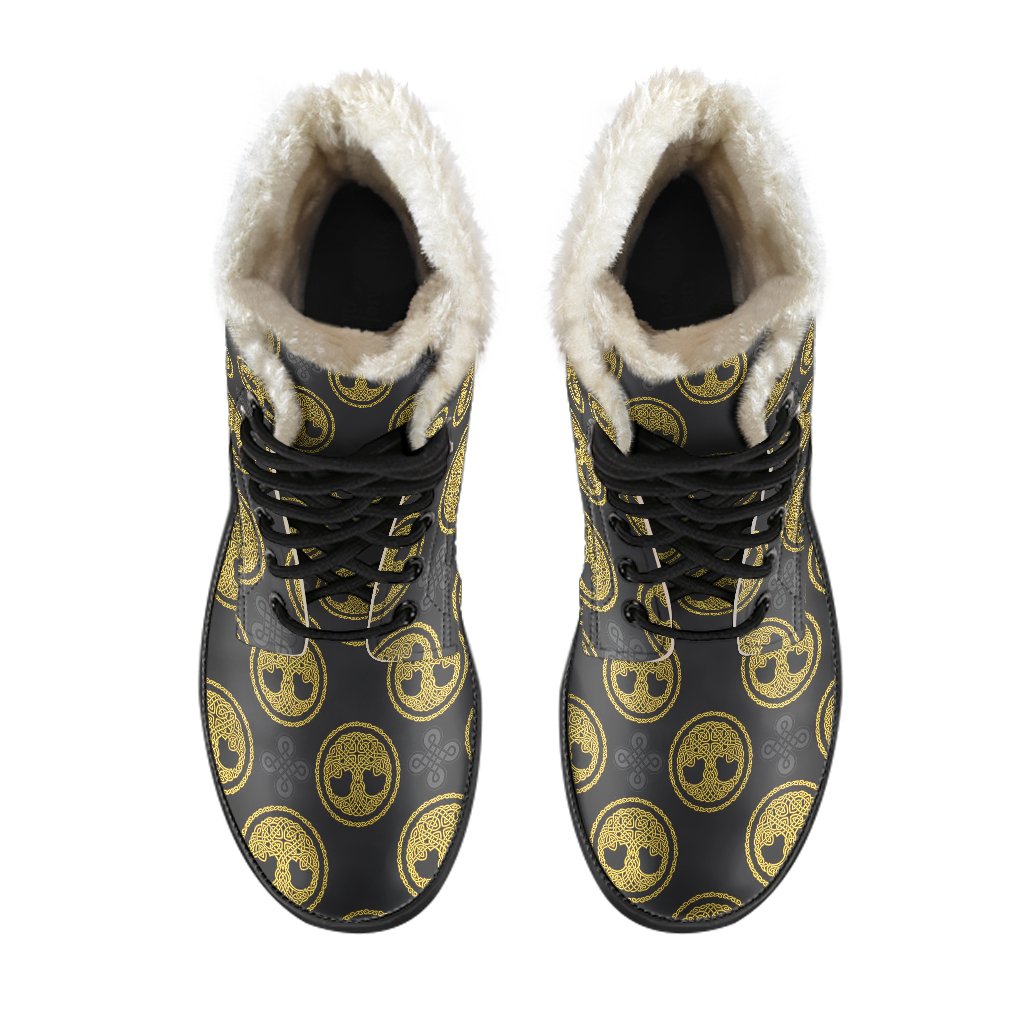 Celtic Tree of Life Design Faux Fur Leather Boots-JTAMIGO.COM