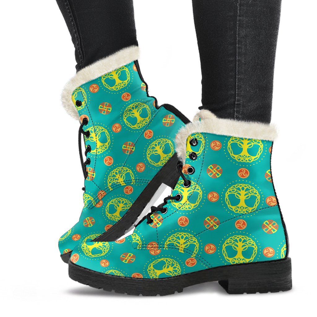 Celtic Tree of Life Print Pattern Faux Fur Leather Boots-JTAMIGO.COM