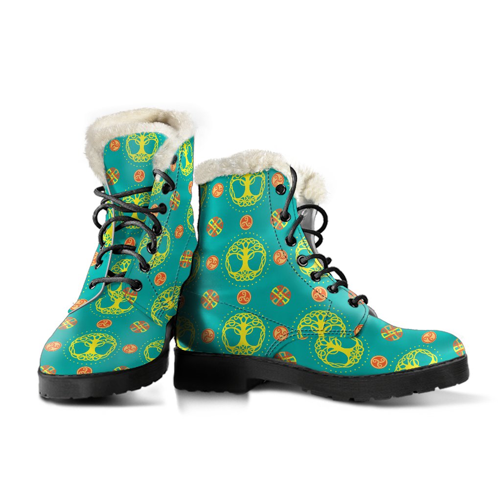 Celtic Tree of Life Print Pattern Faux Fur Leather Boots-JTAMIGO.COM