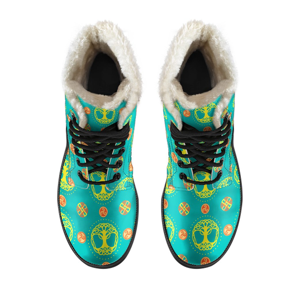 Celtic Tree of Life Print Pattern Faux Fur Leather Boots-JTAMIGO.COM
