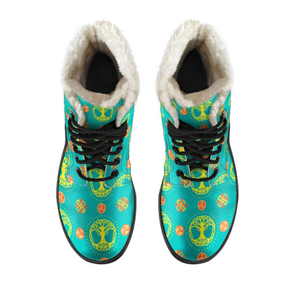 Celtic Tree of Life Print Pattern Faux Fur Leather Boots-JTAMIGO.COM