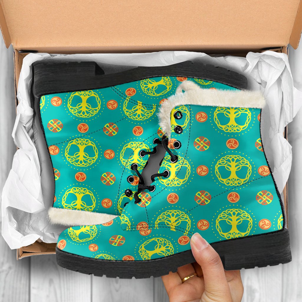 Celtic Tree of Life Print Pattern Faux Fur Leather Boots-JTAMIGO.COM