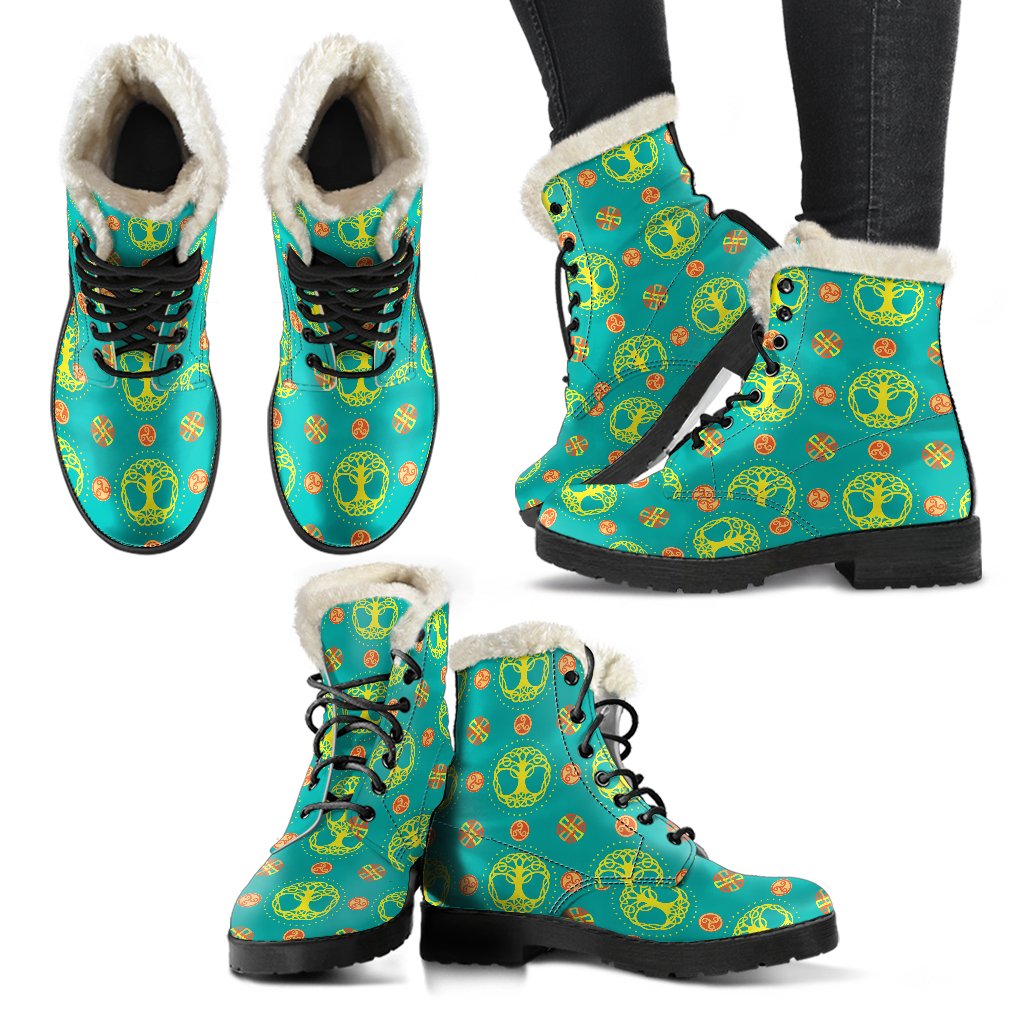 Celtic Tree of Life Print Pattern Faux Fur Leather Boots-JTAMIGO.COM