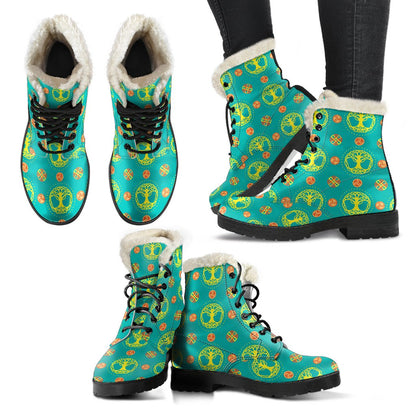 Celtic Tree of Life Print Pattern Faux Fur Leather Boots-JTAMIGO.COM