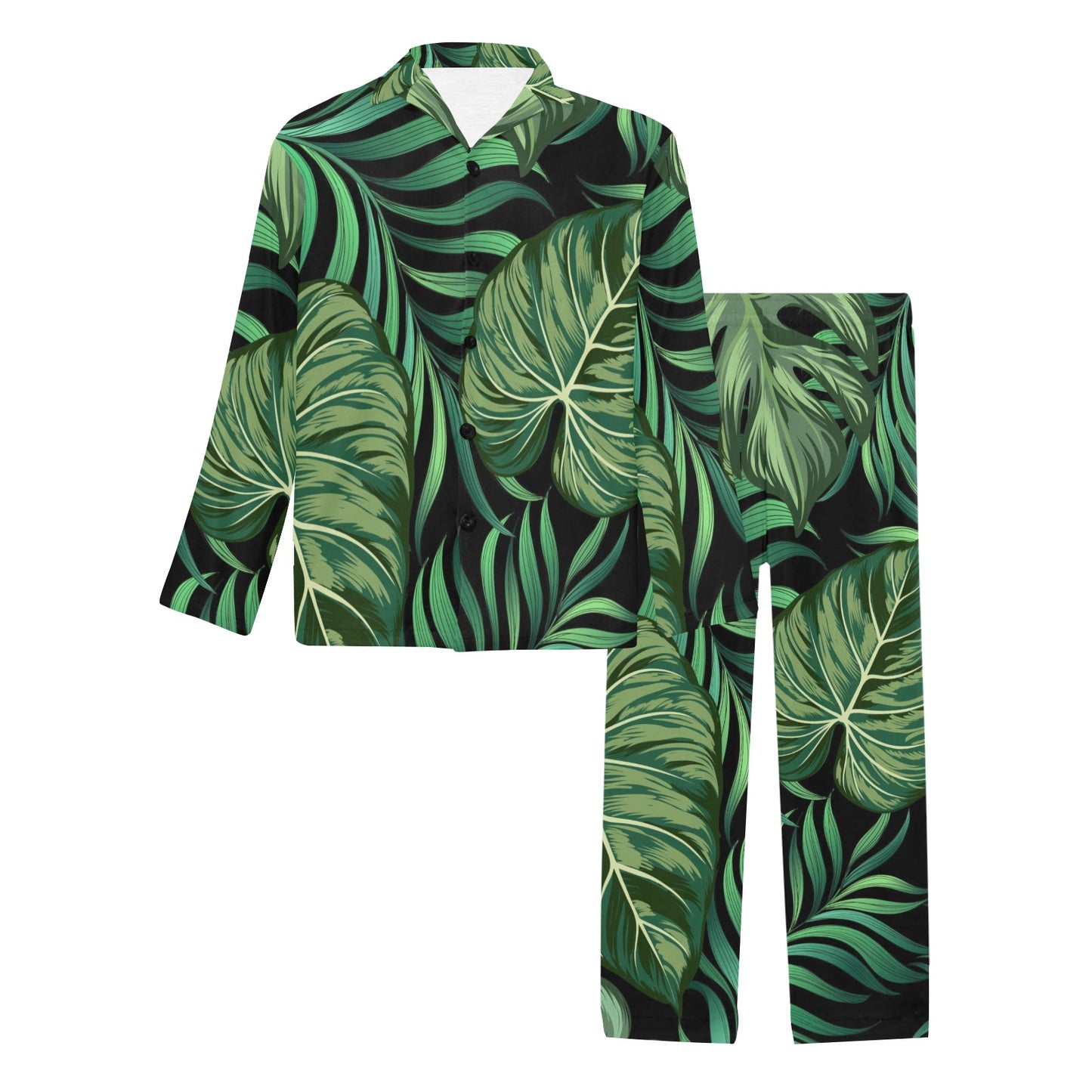 Green Fresh Tropical Palm Leaves Men's Long Pajama Set