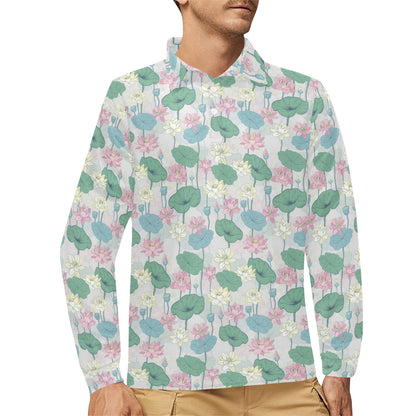 Water Lily Print Design LKS305 Long Sleeve Polo Shirt For Men's