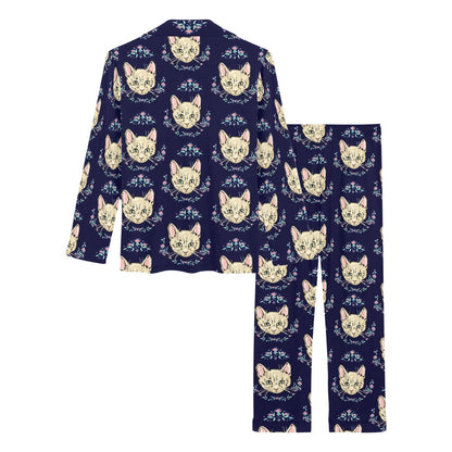Cat Head with flower Print Pattern Women's Long Pajama Set