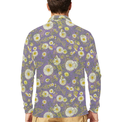 Daisy Pattern Print Design DS011 Long Sleeve Polo Shirt For Men's