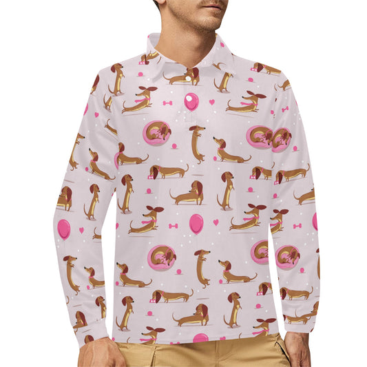 Dachshund Pattern Print Design 10 Long Sleeve Polo Shirt For Men's