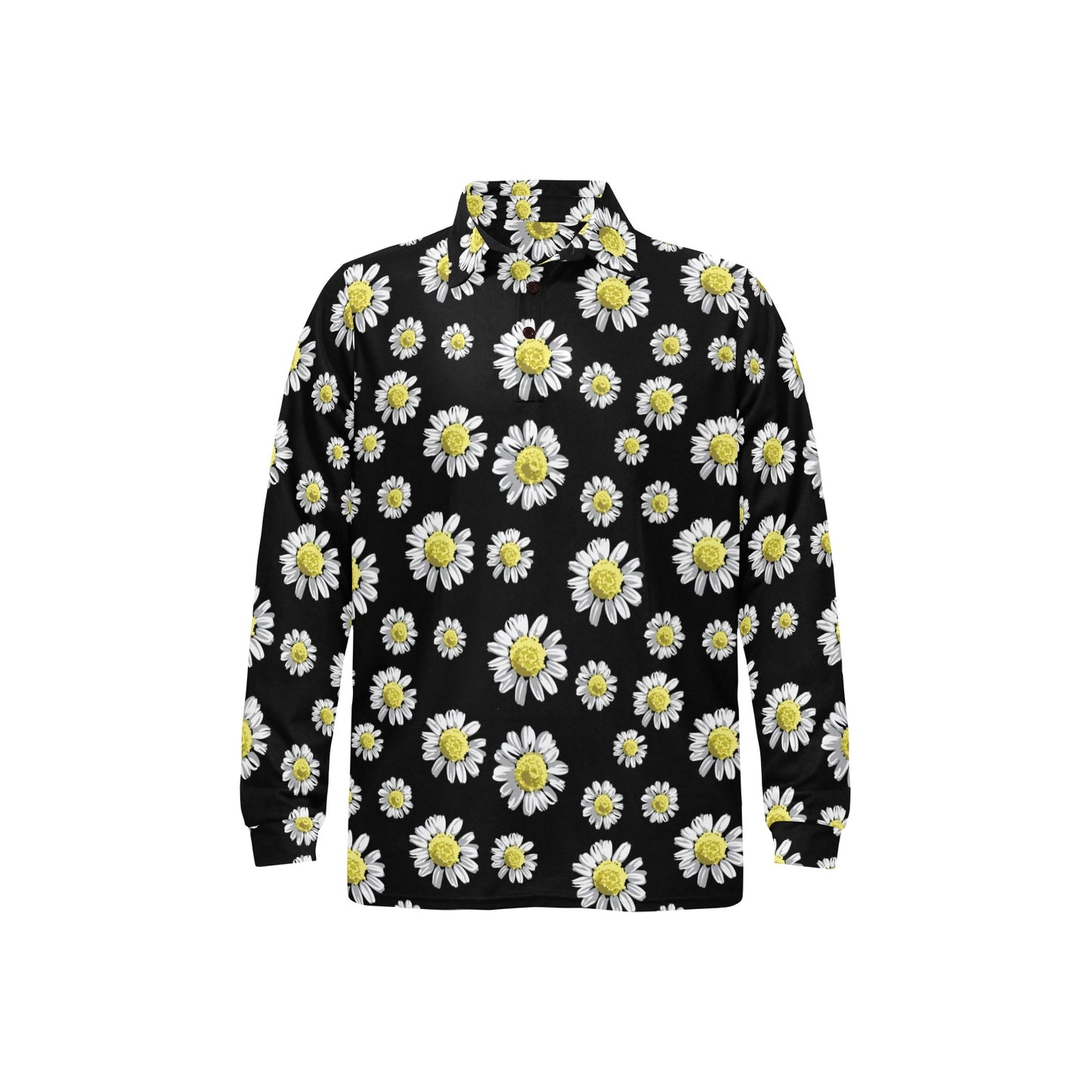 Daisy Pattern Print Design DS01 Long Sleeve Polo Shirt For Men's